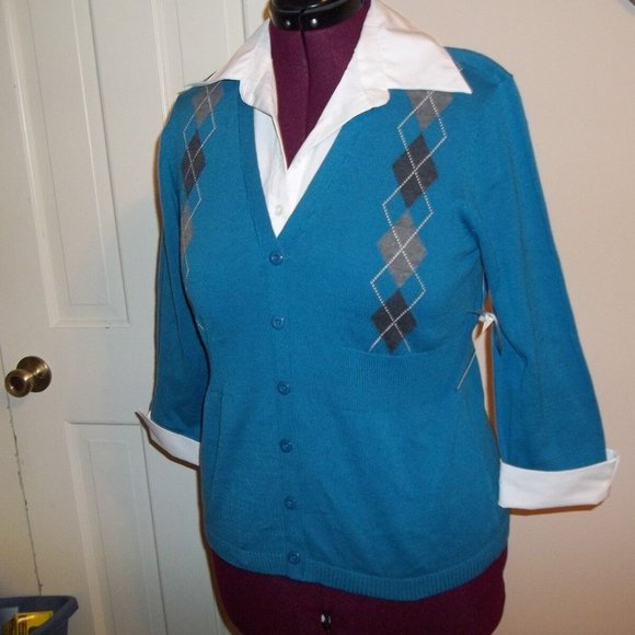 KIM ROGERS LADIES SIZE S. TEAL BLUE PULLOVER 2 IN 1 LAYERED SWEATER. 3/4 SLEEVE - Picture 3 of 3